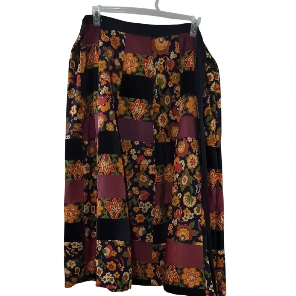 Vintage 70s‎ Velvet Patchwork Wrap Maxi Skirt Bohemian Hippie Florals Festival